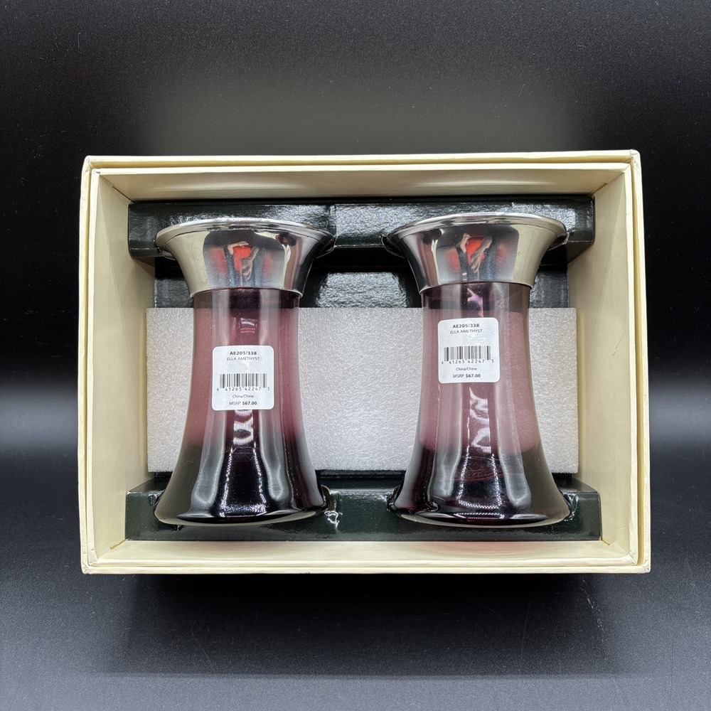 Ralph Lauren "Ella Amethyst" SET (2) Candlesticks / Holders Purple Glass 5" New